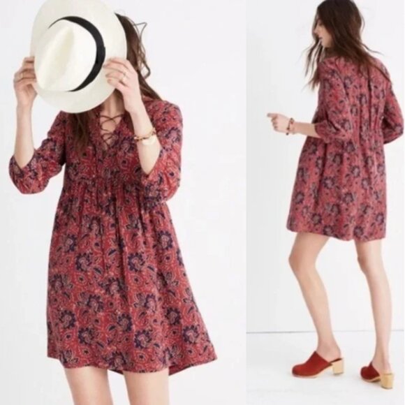 Madewell Silk Lace-Up Assam Floral Dress in Rust Red XS - Picture 1 of 13